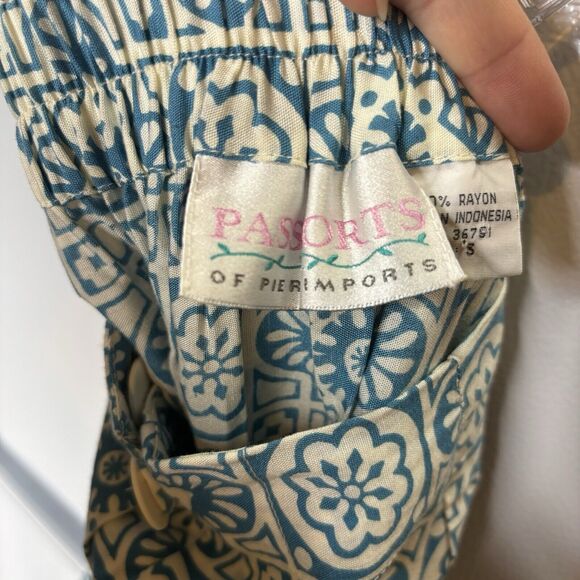 VTG Passports Pier 1 Imports Small Button Front Midi Skirt Blue Cream Geometric - Picture 7 of 8